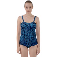 Neon Abstract Surface Texture Blue Twist Front Tankini Set