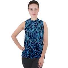 Neon Abstract Surface Texture Blue Mock Neck Chiffon Sleeveless Top