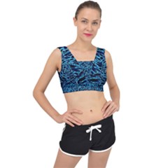 Neon Abstract Surface Texture Blue V-back Sports Bra