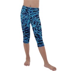 Neon Abstract Surface Texture Blue Kids  Lightweight Velour Capri Leggings 