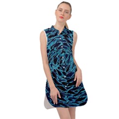 Neon Abstract Surface Texture Blue Sleeveless Shirt Dress by HermanTelo