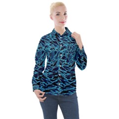 Neon Abstract Surface Texture Blue Women s Long Sleeve Pocket Shirt