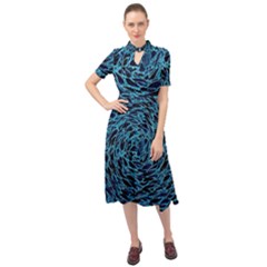 Neon Abstract Surface Texture Blue Keyhole Neckline Chiffon Dress