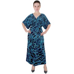 Neon Abstract Surface Texture Blue V-neck Boho Style Maxi Dress