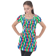 Geometric Line Rainbow Puff Sleeve Tunic Top