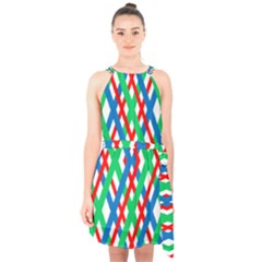 Geometric Line Rainbow Halter Collar Waist Tie Chiffon Dress by HermanTelo