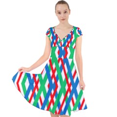 Geometric Line Rainbow Cap Sleeve Front Wrap Midi Dress by HermanTelo