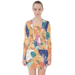 Tropical Pattern V-neck Bodycon Long Sleeve Dress by Valentinaart