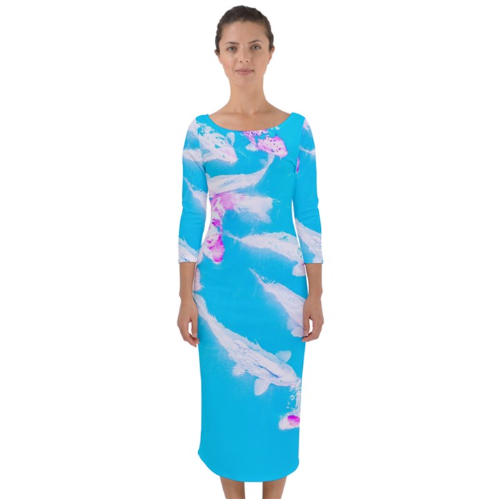 Koi Carp Scape Quarter Sleeve Midi Bodycon Dress