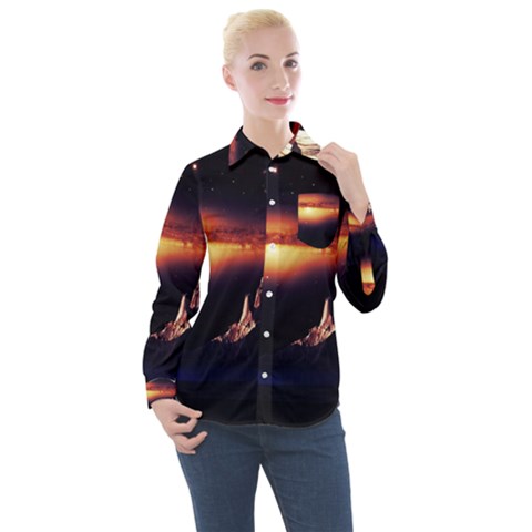 Space Star Galaxies Universe Women s Long Sleeve Pocket Shirt by Simbadda