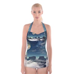 Lunar Landscape Space Mountains Boyleg Halter Swimsuit  by Simbadda