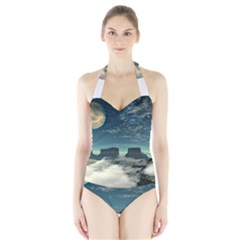 Lunar Landscape Space Mountains Halter Swimsuit by Simbadda