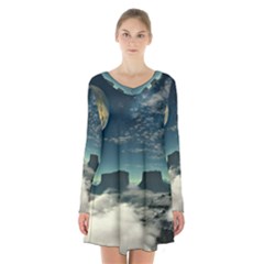 Lunar Landscape Space Mountains Long Sleeve Velvet V-neck Dress by Simbadda