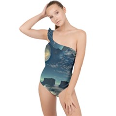 Lunar Landscape Space Mountains Frilly One Shoulder Swimsuit by Simbadda