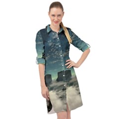 Lunar Landscape Space Mountains Long Sleeve Mini Shirt Dress