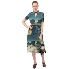 Lunar Landscape Space Mountains Keyhole Neckline Chiffon Dress