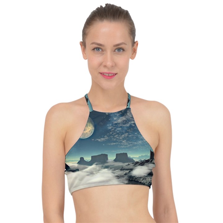 Lunar Landscape Space Mountains Racer Front Bikini Top