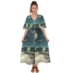 Lunar Landscape Space Mountains Kimono Sleeve Boho Dress