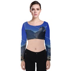 Saturn Landscape Mountains Velvet Long Sleeve Crop Top