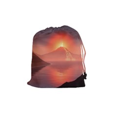 Volcano Lava Landscape Glow Lake Drawstring Pouch (medium) by Simbadda