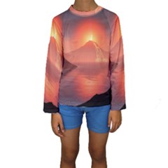 Volcano Lava Landscape Glow Lake Kids  Long Sleeve Swimwear by Simbadda