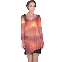 Volcano Lava Landscape Glow Lake Long Sleeve Nightdress by Simbadda