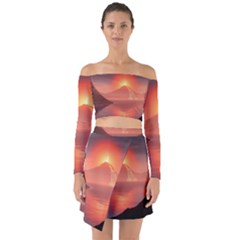 Volcano Lava Landscape Glow Lake Off Shoulder Top With Skirt Set by Simbadda