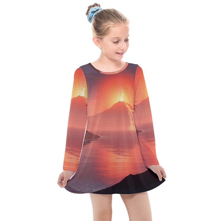 Volcano Lava Landscape Glow Lake Kids  Long Sleeve Dress