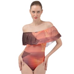 Volcano Lava Landscape Glow Lake Off Shoulder Velour Bodysuit  by Simbadda