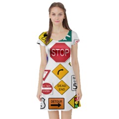 Street Signs Stop Highway Sign Short Sleeve Skater Dress by Simbadda