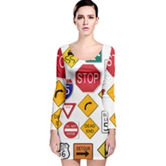 Street Signs Stop Highway Sign Long Sleeve Velvet Bodycon Dress by Simbadda