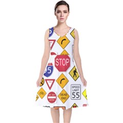 Street Signs Stop Highway Sign V-neck Midi Sleeveless Dress  by Simbadda