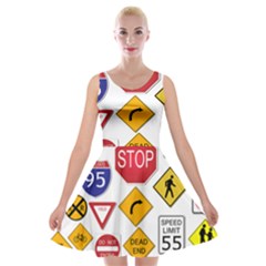 Street Signs Stop Highway Sign Velvet Skater Dress by Simbadda