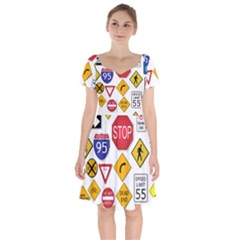 Street Signs Stop Highway Sign Short Sleeve Bardot Dress by Simbadda