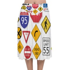 Street Signs Stop Highway Sign Velvet Flared Midi Skirt by Simbadda