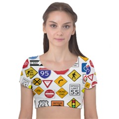 Street Signs Stop Highway Sign Velvet Short Sleeve Crop Top  by Simbadda