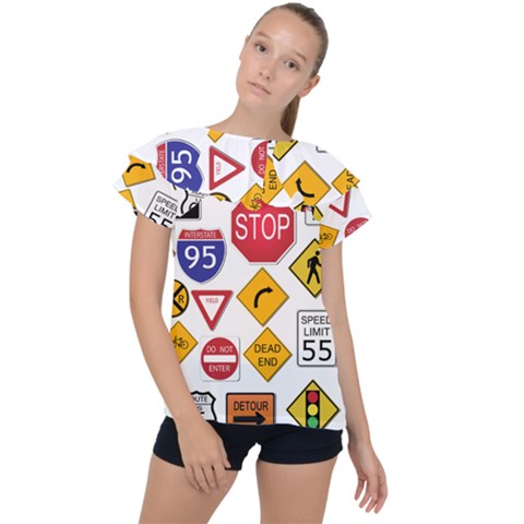 Street Signs Stop Highway Sign Ruffle Collar Chiffon Blouse by Simbadda