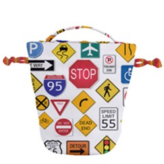 Street Signs Stop Highway Sign Drawstring Bucket Bag by Simbadda