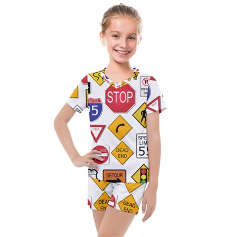 Street Signs Stop Highway Sign Kids  Mesh Tee And Shorts Set by Simbadda