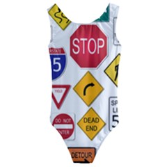 Street Signs Stop Highway Sign Kids  Cut-out Back One Piece Swimsuit by Simbadda