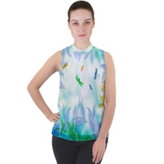 Scrapbooking Tropical Pattern Mock Neck Chiffon Sleeveless Top