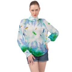 Scrapbooking Tropical Pattern High Neck Long Sleeve Chiffon Top by Simbadda