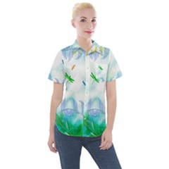 Scrapbooking Tropical Pattern Women s Short Sleeve Pocket Shirt