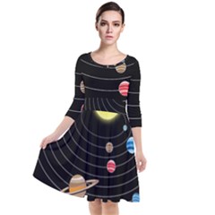 Solar System Planets Sun Space Quarter Sleeve Waist Band Dress by Simbadda