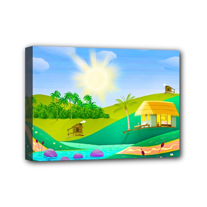 Tropical Resort Huts Lake River Mini Canvas 7  x 5  (Stretched)