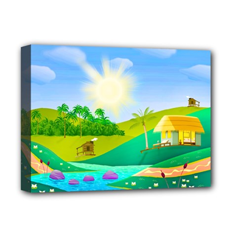 Tropical Resort Huts Lake River Deluxe Canvas 16  X 12  (stretched)  by Simbadda