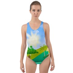 Tropical Resort Huts Lake River Cut-out Back One Piece Swimsuit by Simbadda