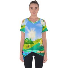 Tropical Resort Huts Lake River Cut Out Side Drop Tee by Simbadda