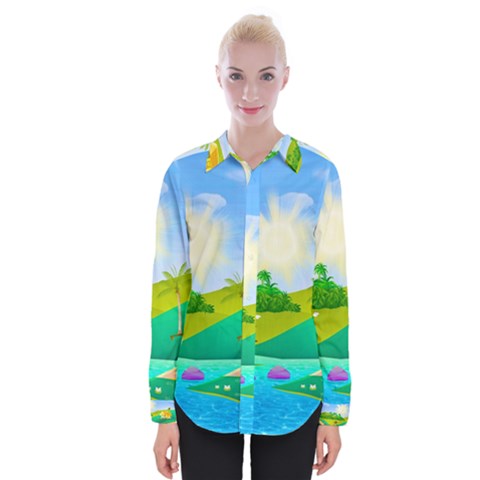 Tropical Resort Huts Lake River Womens Long Sleeve Shirt by Simbadda