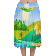 Tropical Resort Huts Lake River Velvet Flared Midi Skirt by Simbadda